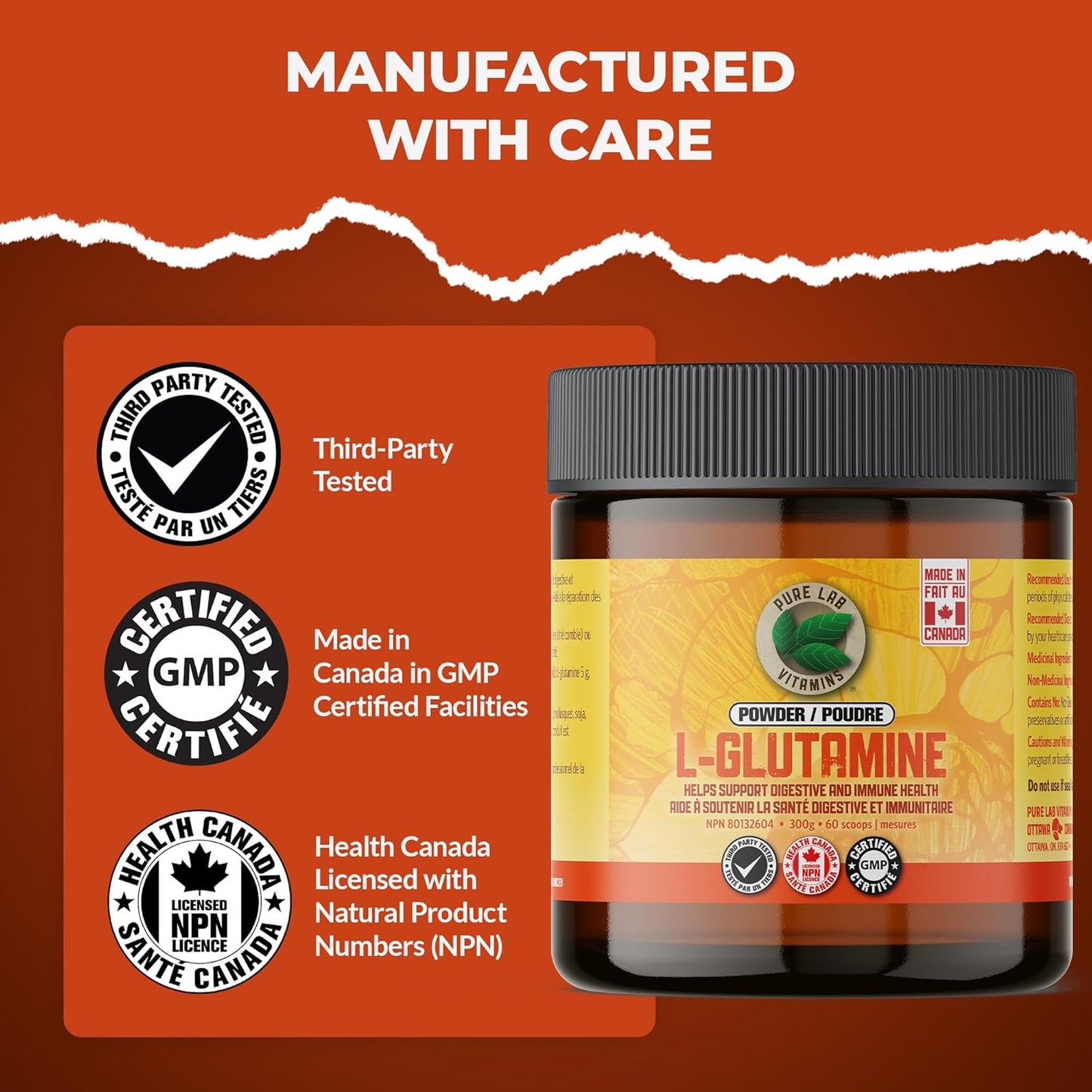 PURE LAB VITAMINS L-Glutamine Pure Powder - Additive Free (300 g)