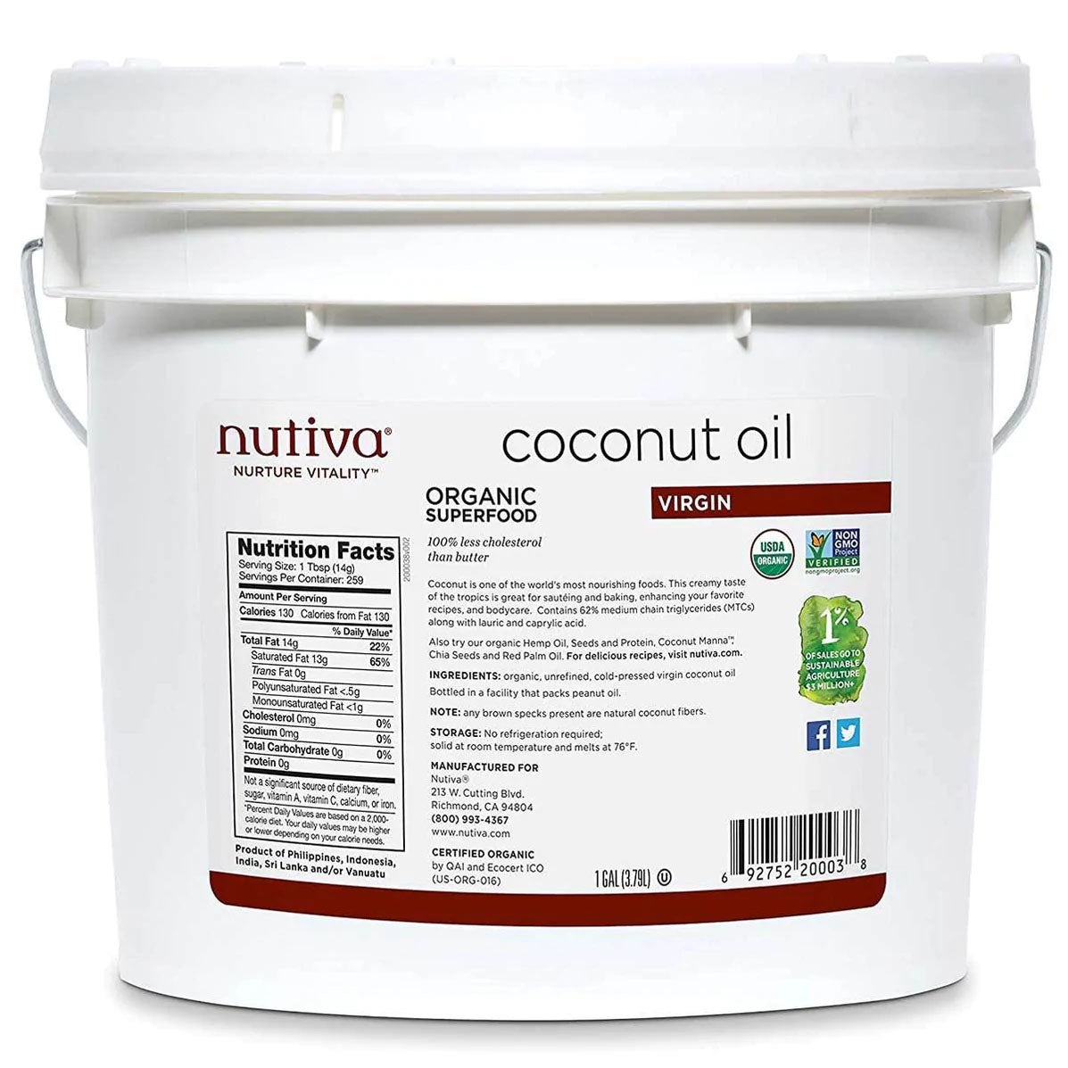 NUTIVA Organic Virgin Coconut Oil (3.79 Litres)